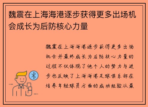 魏震在上海海港逐步获得更多出场机会成长为后防核心力量 魏震在上海海港逐步获得更多出场机会成长为后防核心力量