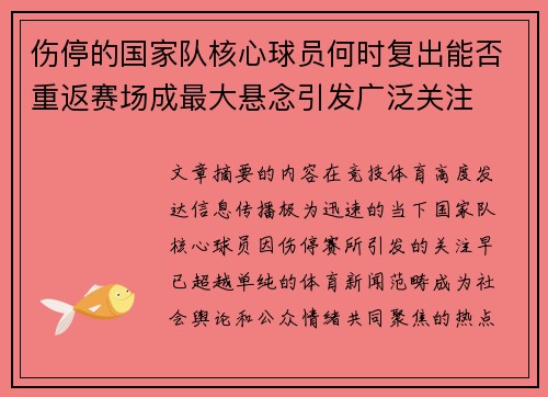 伤停的国家队核心球员何时复出能否重返赛场成最大悬念引发广泛关注 伤停的国家队核心球员何时复出能否重返赛场成最大悬念引发广泛关注