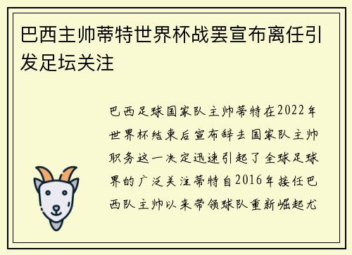 巴西主帅蒂特世界杯战罢宣布离任引发足坛关注 巴西主帅蒂特世界杯战罢宣布离任引发足坛关注
